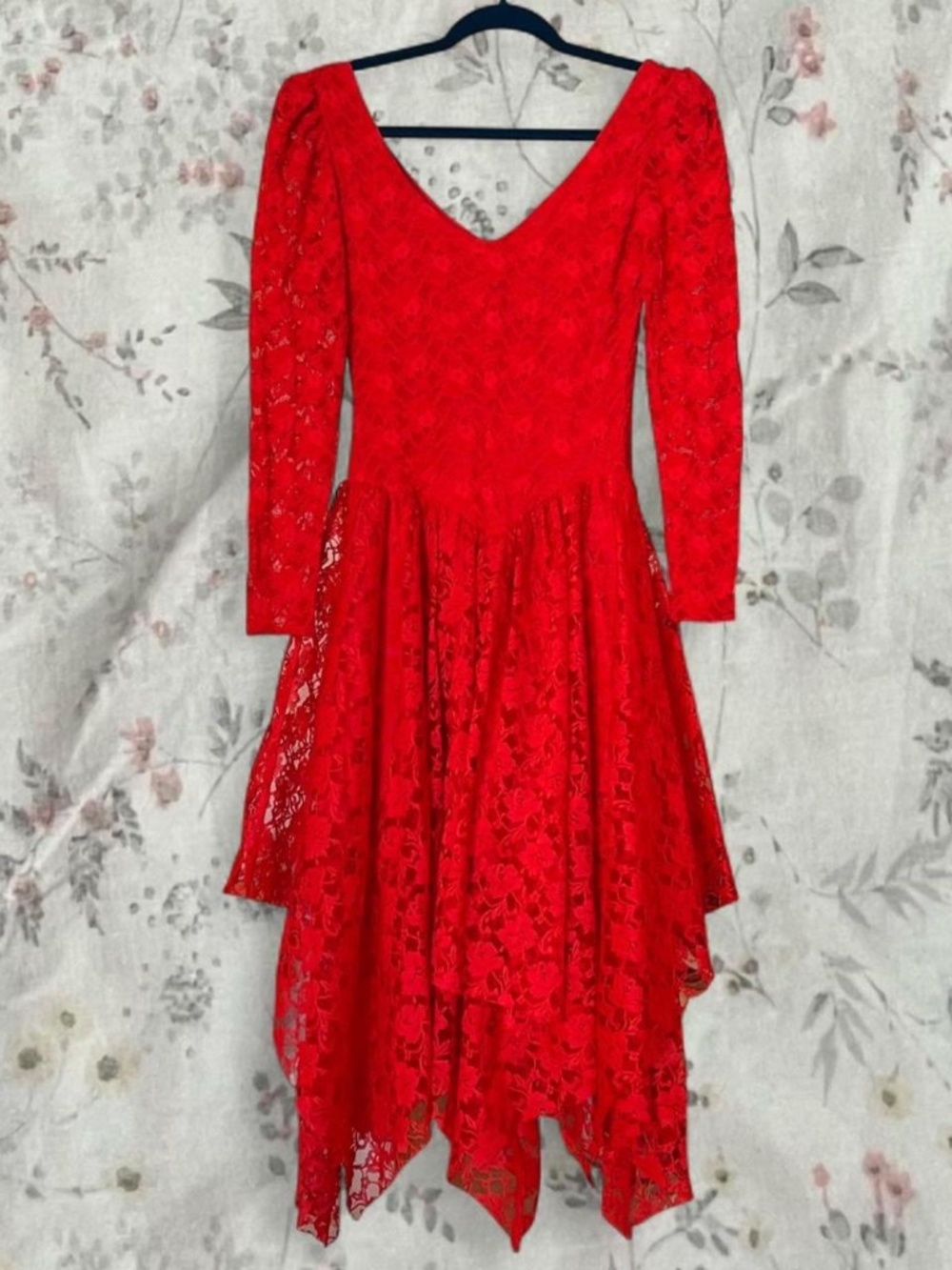Vintage Late 70s Scarlett Lace Handkerchief Hem Dress Red 80s Basque Waist